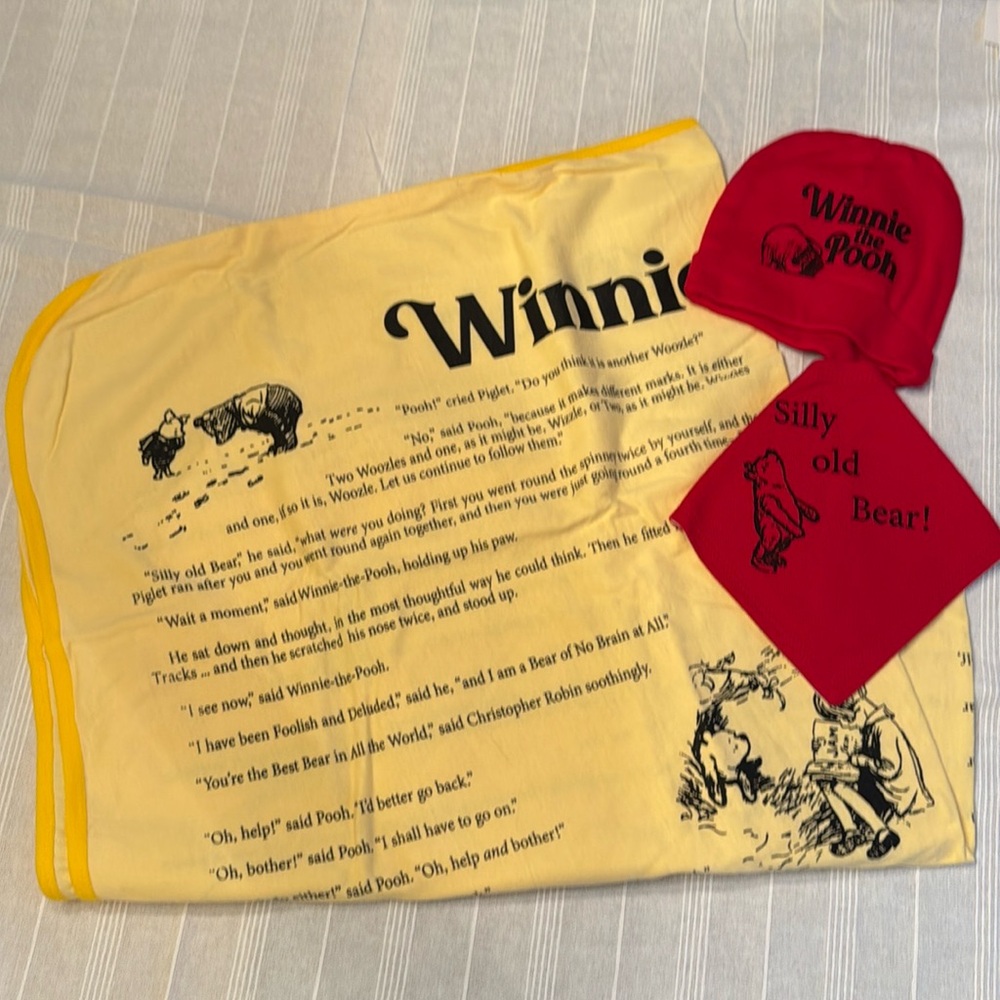 Winnie the pool swaddle, hat and bib
